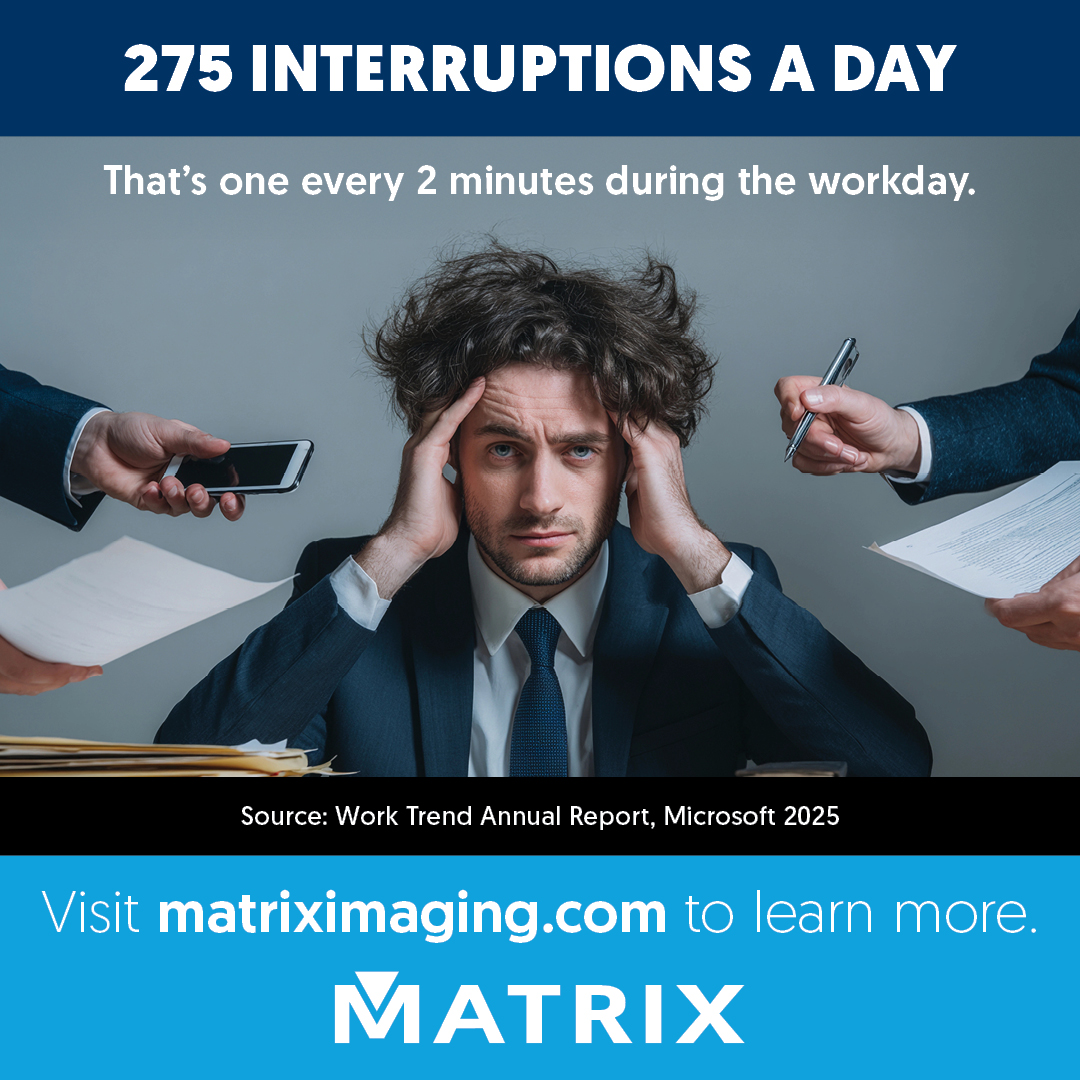 Matrix_1maging's tweet image. It&apos;s #MatrixMonday! 
One every 2 minutes. That’s how often we’re being pulled away from the task at hand.
Ready to work smarter? Start here. hubs.ly/Q03L4yqP0
#MatrixImagingSolutions #MatrixInsights