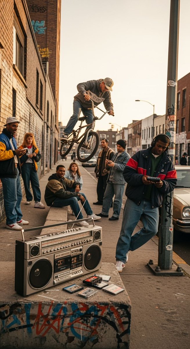 p_chusaengsri's tweet image. A BMX rider performs a trick while a group of friends gathers around a boombox and cassette tapes on a city street at sunset.
#BMXTricks #SunsetVibes #BoomboxBeats #CassetteCulture #UrbanAdventure