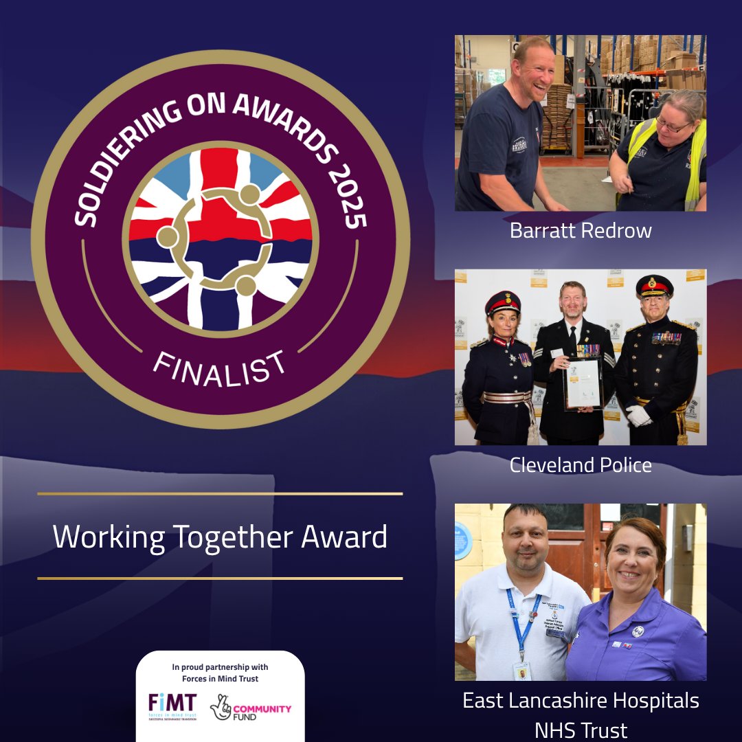 SoldierOnAwards's tweet photo. Our extraordinary Finalists for the @FiMTrust Working Together Award are:

⭐️ @BarrattRedrow

⭐️ @ClevelandPolice

⭐️ @ELHT_NHS

Learn all about them at https://t.co/SOPW0yBSIM

#SoldieringOnAwards #ArmedForcesCommunity #MilitaryFamily #Collaboration https://t.co/TkfE0oSG7I