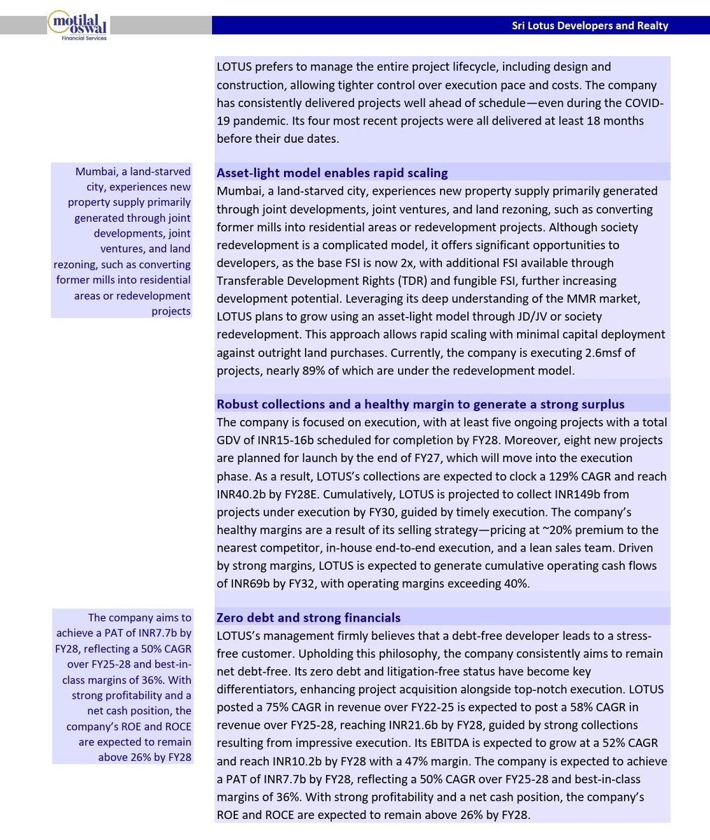nid_rockz's tweet image. Sri Lotus Developers 
#LotusDev

IC from Motilal Oswal 

Expects pre sales 129% CAGR over FY25-28E

8 upcoming projects with GDV it 70-75 billion 
3 commercial projects with GDV of 30-35 billion 

FY25-28E:
Rev CAGR 58%
EBITDA CAGR 52% CAGR with 47% OPM 
PAT CAGR of 50% with best…