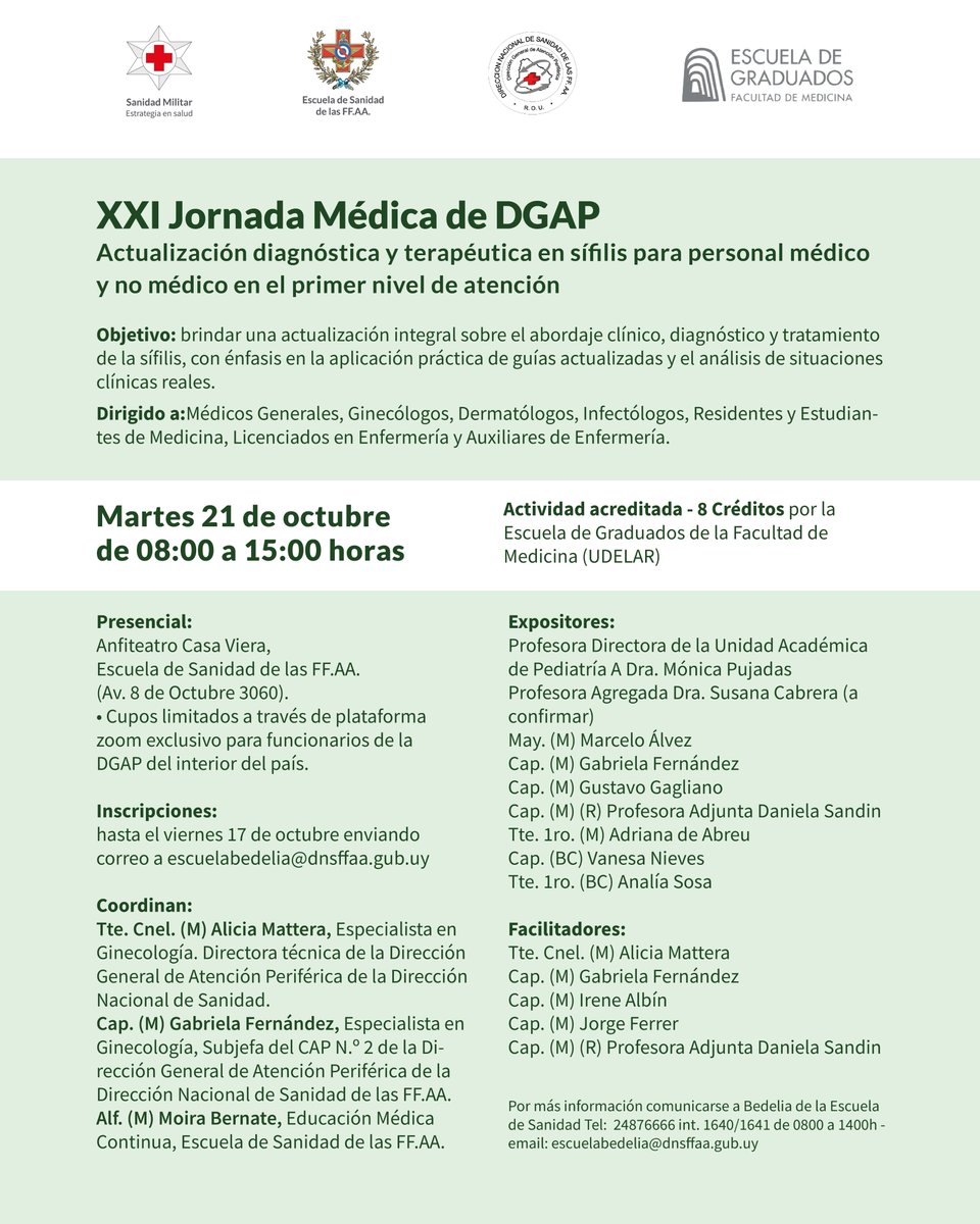 Actualización diagnóstica y terapéutica en sífilis para personal médico y no médico en el primer nivel de atención.
📅 Martes 21 de octubre
🕗 08:00 a 15:00 h
📍 Anfiteatro Casa Viera – Escuela de Sanidad de las FFAA
🎓 Actividad acreditada con 8 créditos (UDELAR)