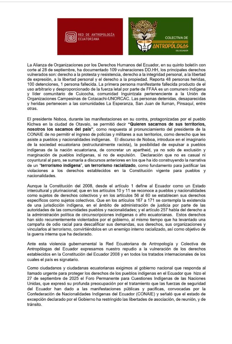 crislarag13's tweet photo. Pronunciamiento desde la Red de Antropología y colectiva de Antropologas del Ecuador ante la represión y vulneración de derechos en el marco del paro nacional.
@ReddeAntropologíaEC https://t.co/aBAhyhlpCg