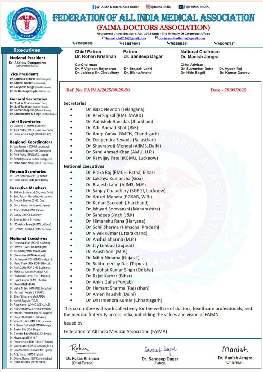 FAIMA_INDIA_'s tweet image. After consensus with our Chief Patron, Patron, Chairman, National Executive &amp;amp; senior leaders,
We are proud to declare the FAIMA Interim National Body 2025-26 Until further election to be held in  2026.United for doctors, stronger for the nation.#FAIMA #DoctorsUnity #MedicosUnited