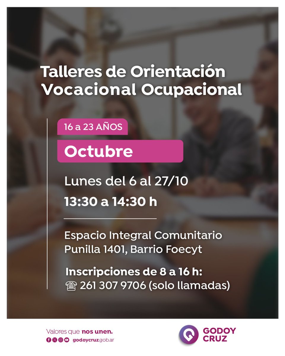 Te acompañamos en la elección de tu futuro. Por eso, te invitamos a participar de los talleres de orientación vocacional ocupacional que se realizan todos los meses en el EIC del Barrio Foecyt.

👉 Inicia el lunes 6/10, de 13:30 a 14:30 hs.
👉 Destinado a jóvenes de 16 a 23 años.