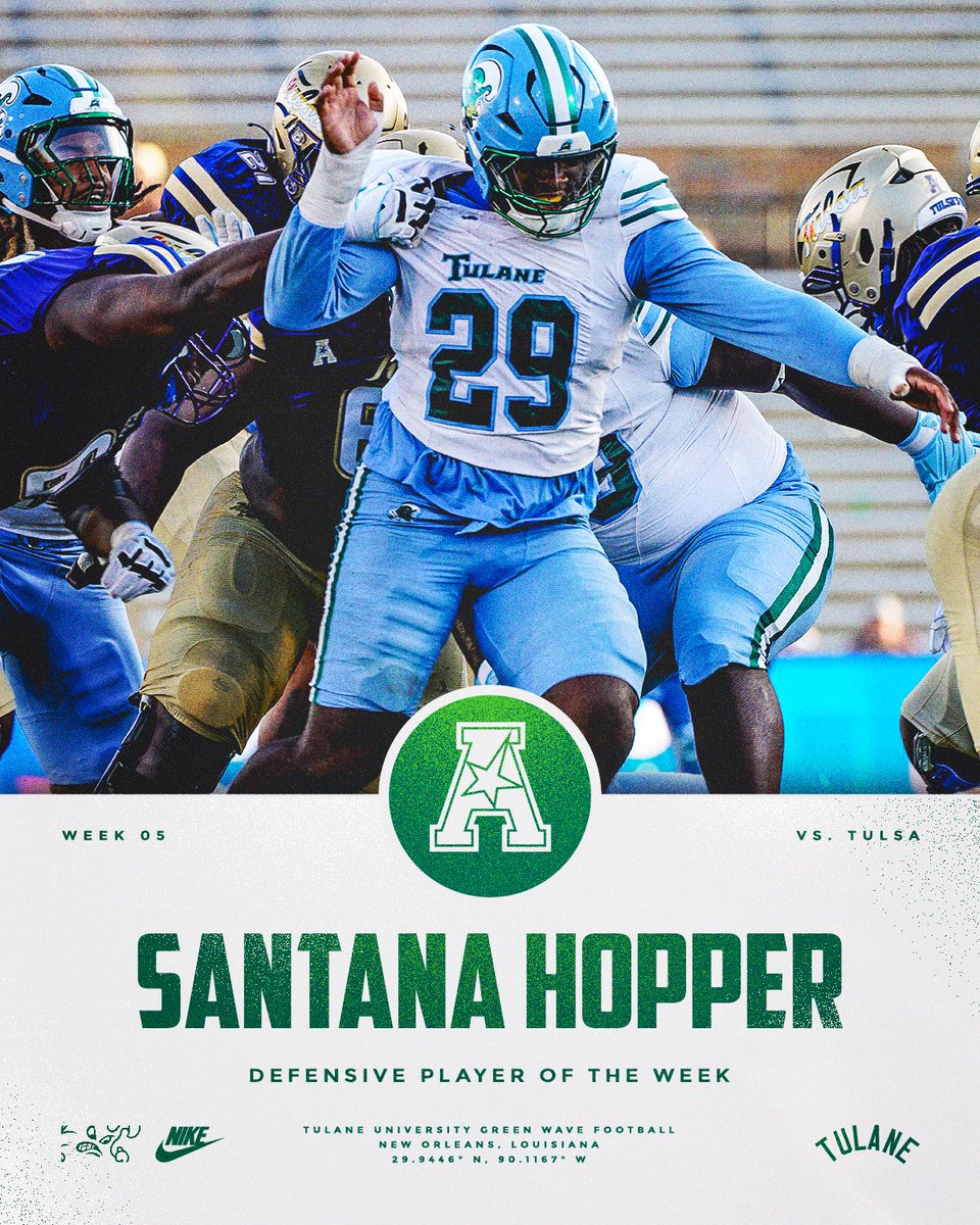 Tulane Football (@greenwavefb) on Twitter photo Our game wrecker earns @american_conf Defensive Player of the Week!
#UptownFootball x <a href="/SantanaHop29/">Santana Hopper</a> Our game wrecker earns @american_conf Defensive Player of the Week!
#UptownFootball x <a href="/SantanaHop29/">Santana Hopper</a>