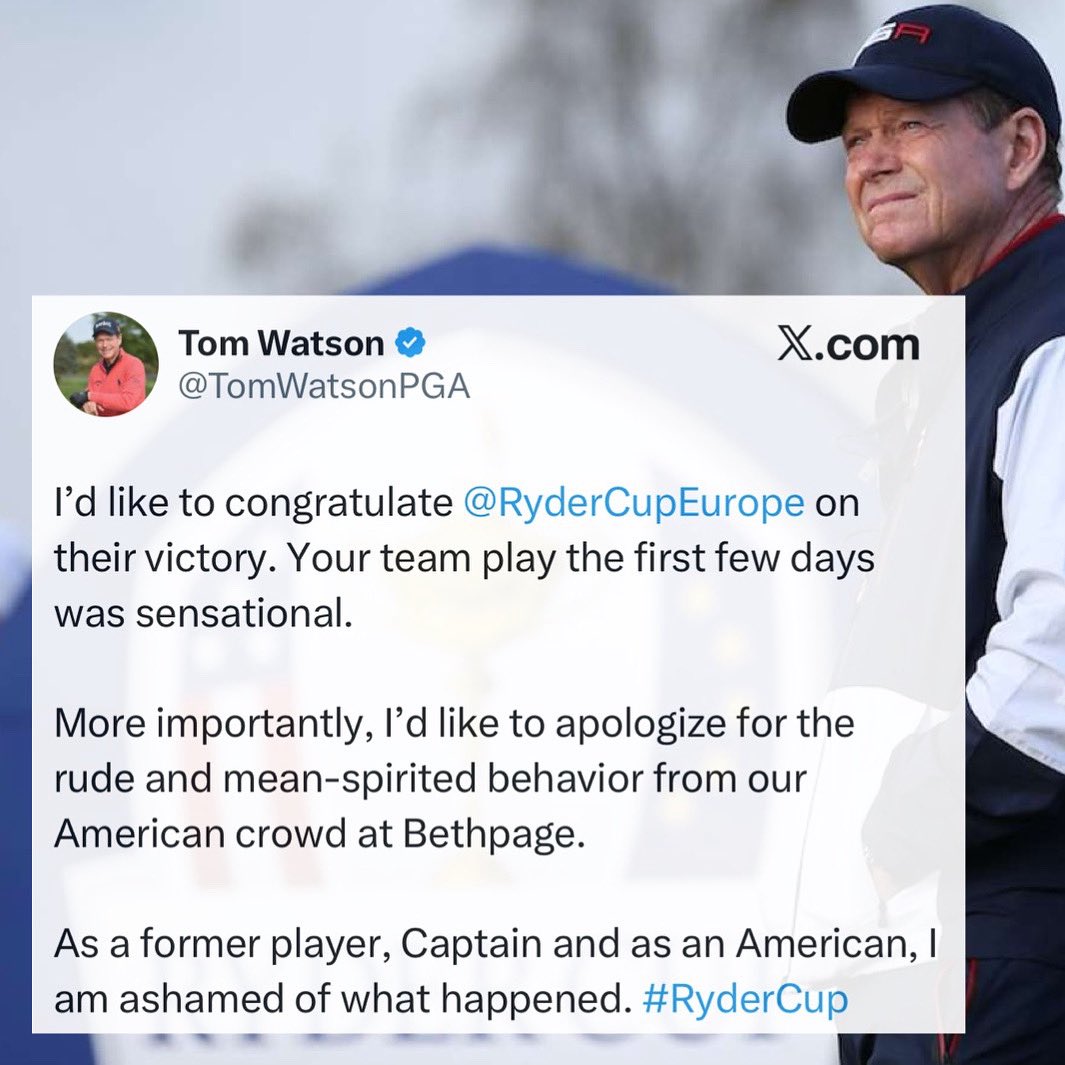 Former US Ryder Cup captain and hall of famer Tom Watson has taken to social media to apologise for the crowd behaviour at the Ryder Cup.

I’m really interested in what you all think about the crowd hostility, particularly if you’re a US fan?