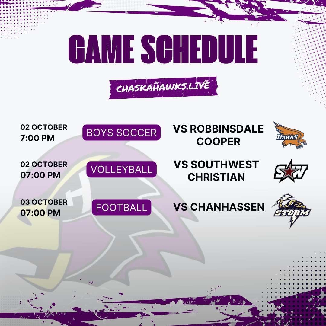 🦅 Don’t miss this week’s Hawks action! ⚽🏐🏈 Soccer, volleyball, and football all streaming live. 📺 chaskahawks.live

#ChaskaHawks #MNHighSchoolSports #HawksPride #GameDayVibes