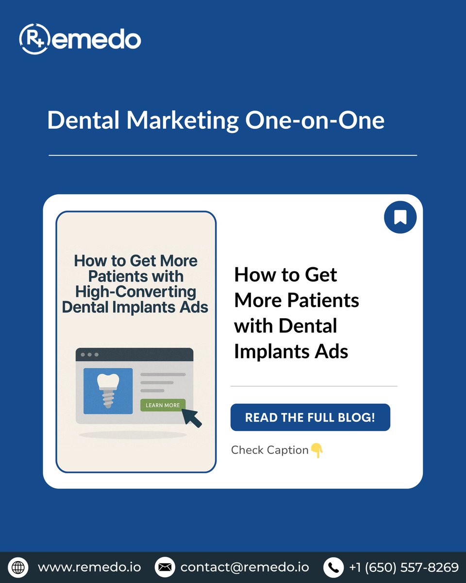 remedo_io's tweet image. 🦷 How to Get More Patients with Dental Implants Ads
Dental implants and other safe, long-term tooth...
👉 Read the full blog: remedo.io/blog/how-to-ge…
.
#DentalImplants #DentalMarketingTips #DentistAds #ImplantDentistry #DigitalMarketingForDentists