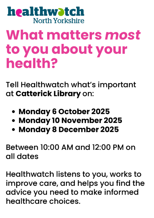 craccl_nyorks's tweet image. Healthwatch is at Catterick Library to hear your views on health and care!

📍 Catterick Library | 🕙 10am–12pm
📅 Oct 6 | Nov 10 | Dec 8

Drop in anytime - no appointment needed!

#Healthwatch #CommunityVoice #CatterickLibrary