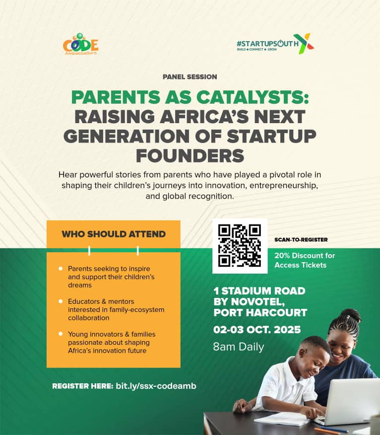 codeambassadors's tweet image. At @StartupSouthNg, Code Ambassadors hosts:
“Parents as Catalysts: Raising Africa’s Next Generation of Startup Founders.”
Come and hear real stories from parents shaping tomorrow’s innovators and discover how support at home is fueling Africa’s future of work and innovation.
