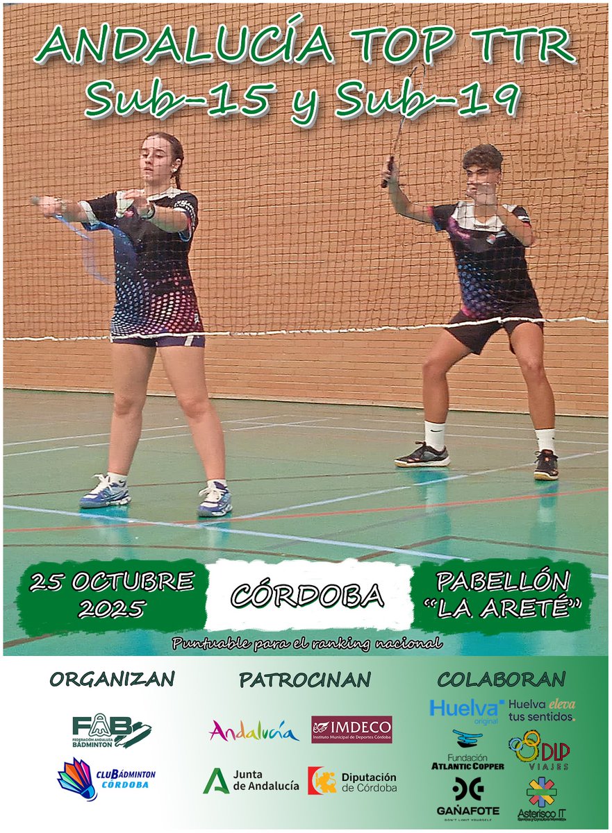 ANDALUCÍA TOP TTR SUB-15 Y SUB-19

El sábado 25 de octubre llega a Córdoba el Andalucía TOP TTR Sub-15 y Sub-19, en el pabellón La Areté de <a href="/Ucodeporte_/">Ucodeporte</a>. Puntuable para el ranking de España de jóvenes.

Inscripción abierta hasta el 10 de octubre.

Enlace: badminton.es/sport/tourname…