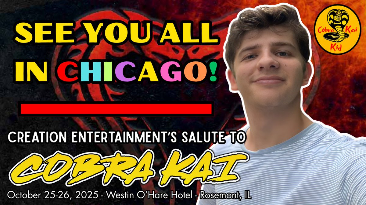 🚨BIG NEWS🚨 

I’ll be at the Salute to Cobra Kai Convention in Chicago Oct 25-26, hosting the OFFICIAL Cobra Kai Trivia Contest!🧠⚡️ 

Prizes, cast appearances, cosplay, stunts &amp; more! 🐍🥋

See ya in Chicago!!

🎟️ Tickets: creationent.com/cal/cobra_nj/
#CobraKai #CobraKaiKid