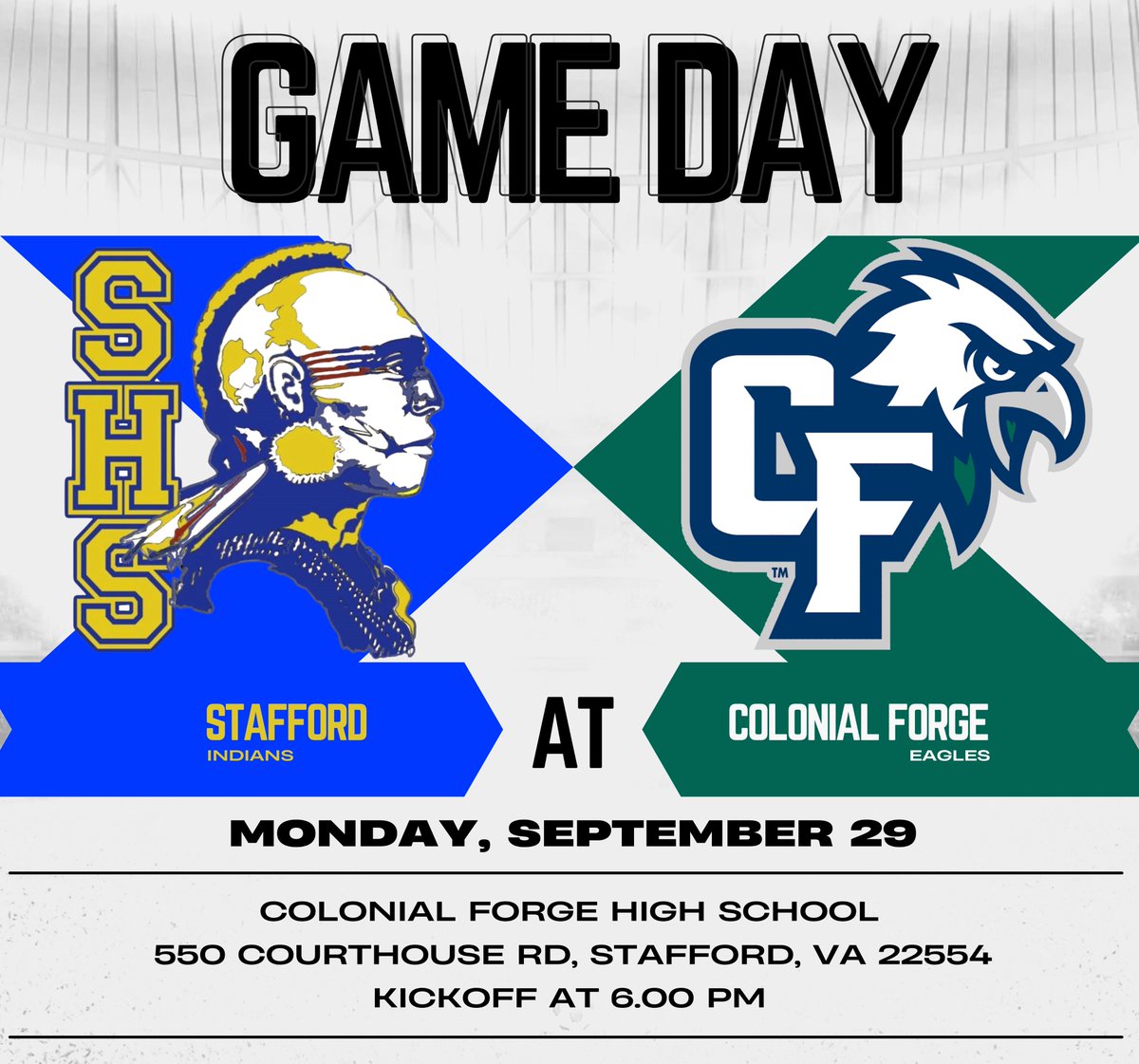 It's GAME DAY!

Our JV looks to bounce back this week as they travel to Colonial Forge!
Kickoff at 6pm! #PLUS1 

Tickets: gofan.co/event/3866393?…