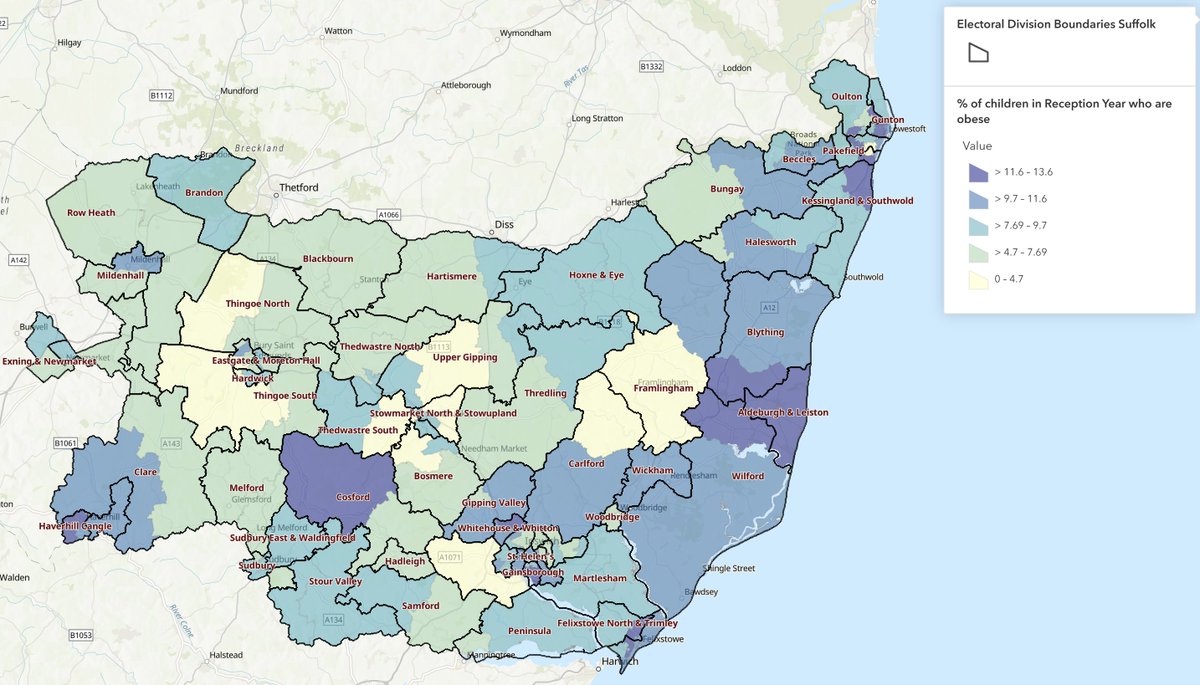 For this week's #FeaturedStatistic on the #SuffolkObservatory, we look at the National Child Measurement programme. Did you know that some of the highest and lowest rates of Reception age obesity in Suffolk are in neighbouring areas? Find out more at suffolkobservatory.info/children-and-y…