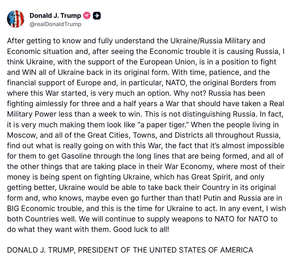OstapYarysh's tweet photo. Donald Trump: "Ukraine is in a position to fight and win this war."
Also Donald Trump: "It's very hard to win a war without attacking an invader's country." 

Both statements are true. Supply Ukrainians with the weapons they need and let them fight back. https://t.co/avzguWfGfu