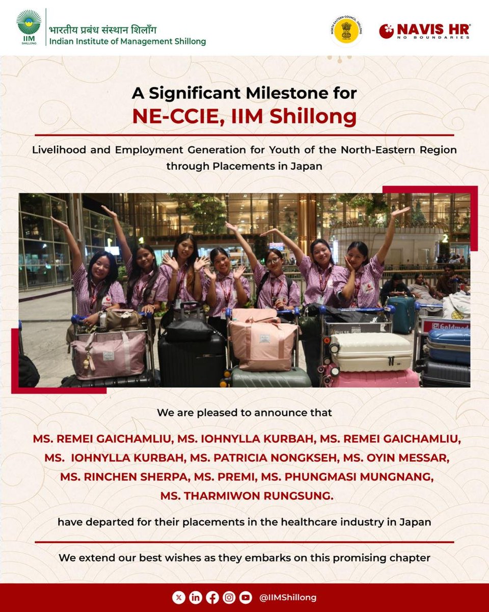 A Major Milestone for NE-CCIE, IIM Shillong!  We are proud to announce that following the inspiring journey of Ms. Joyeban Ryntathiang to Japan, eight more candidates from the Northeast have now successfully secured placements under the “Livelihood and Employment Generation for