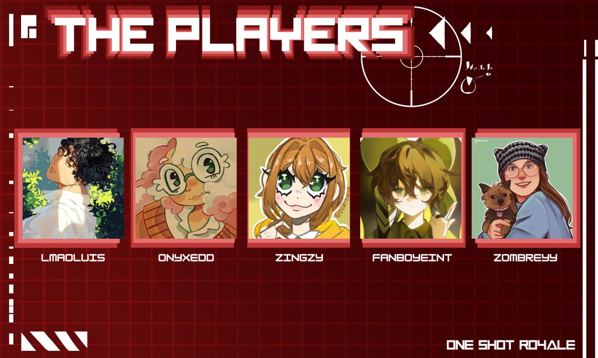 Announcing the 9th batch of players for One Shots x Pixels of Hope!

<a href="/lmaoluis_/">luis.</a> 
<a href="/onyxed_/">onyx :3</a> 
<a href="/Z1ngzy/">Zingzy</a> 
<a href="/FanboyEint/">Eint</a> 
<a href="/zombreyy/">zombrey</a> 

Who will outlast the rest? Find out in the LIVE charity event October at 11th at 6PM BST!