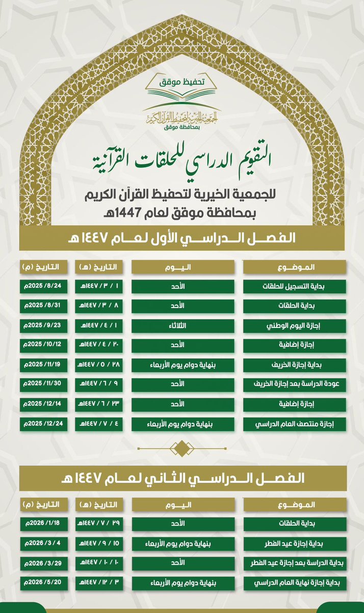 التقويم الدراسي للحلقات القرآنية بنين وبنات