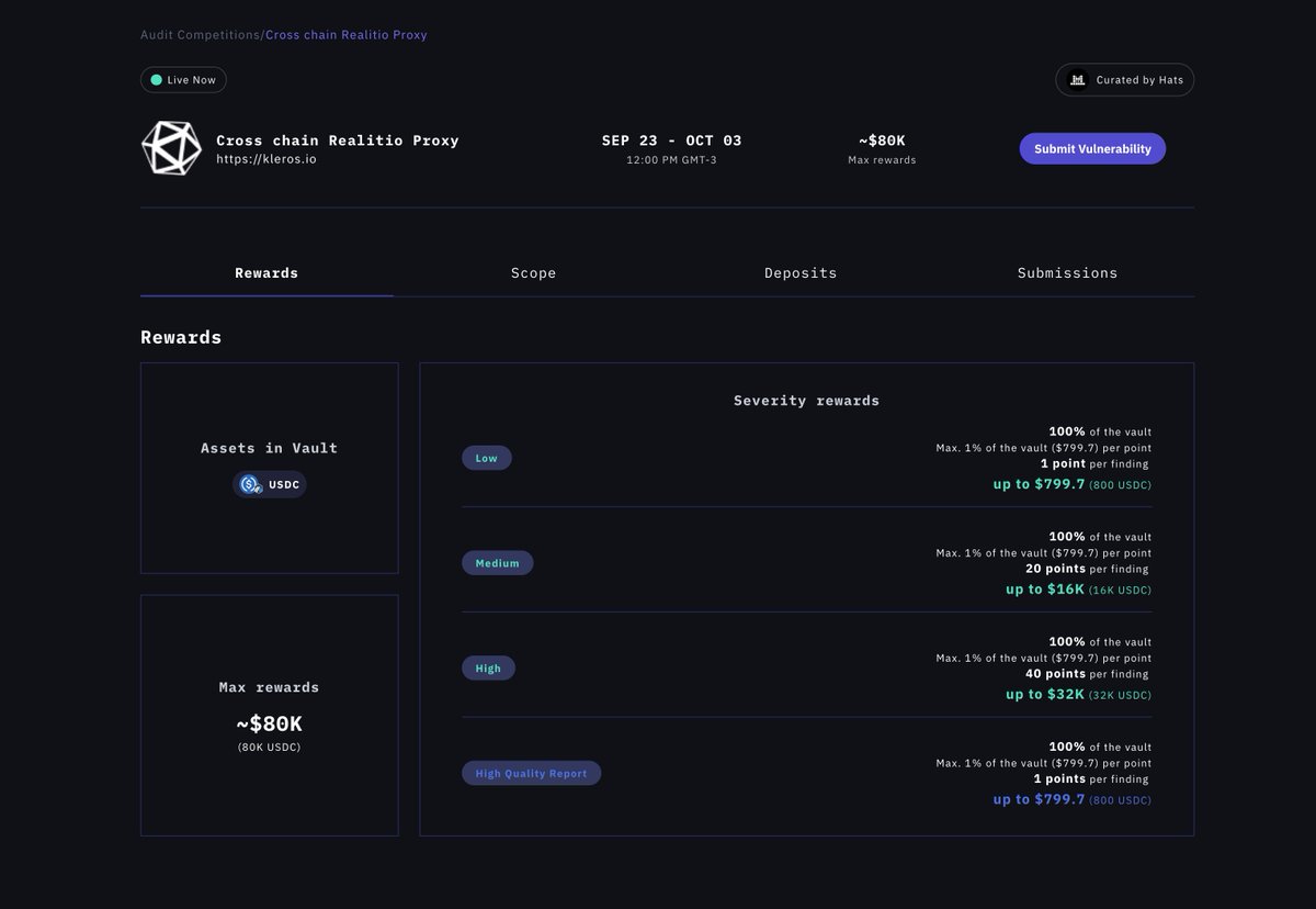 Kleros_io's tweet photo. 🔥 First submission accepted in the Audit Competition! 

5 days to go, with 80K USDC to be distributed.

Help Kleros Oracle + @RealityEth settle disputes from @arbitrum,  @zksync, @Optimism, @base, @redstonexyz, @0xPolygon and @gnosischain.

Details on @HatsFinance ↓ https://t.co/bMxWbqsCeQ