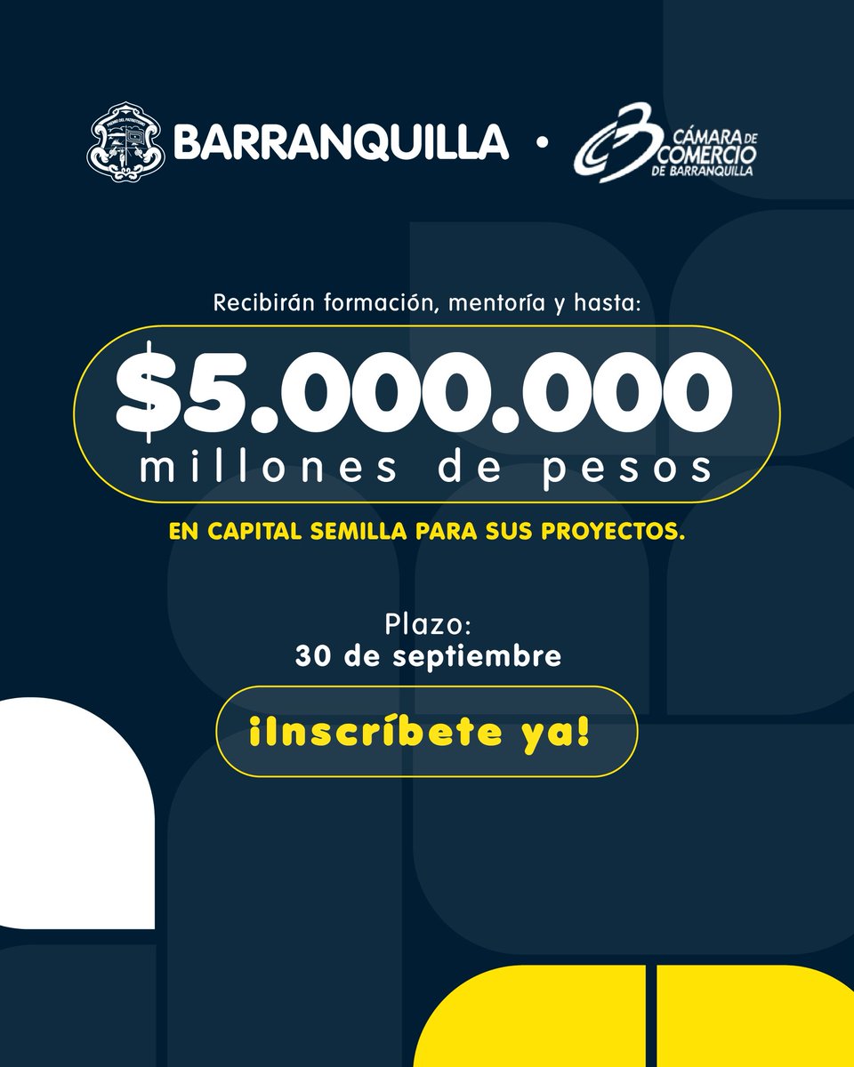 AnaMariaAljure's tweet photo. 🌱 ¡Llegó tu momento de sembrar tu idea y verla crecer!
Con Plan Semilla de @alcaldiabquilla y @Camarabaq abrimos inscripciones para que emprendedores transformen sus sueños en negocios reales. Si tienes entre 17 y 34 años esta es tu oportunidad. Recibirás formación, acompañamiento y hasta 💲5 millones para impulsar tus ideas o negocios.
💡Si nuestra gente crece, ¡Barranquilla crece a otro nivel! Postúlate ya 👉🏻🔗 https://t.co/5tE6xYSsdO