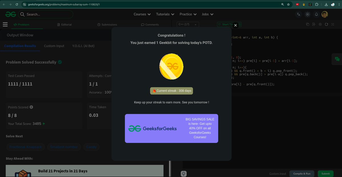 whyamihim's tweet image. Day - 308 
Maximum Subarray sum  2
#gfg #geekstreak2025 #1000daysofcode