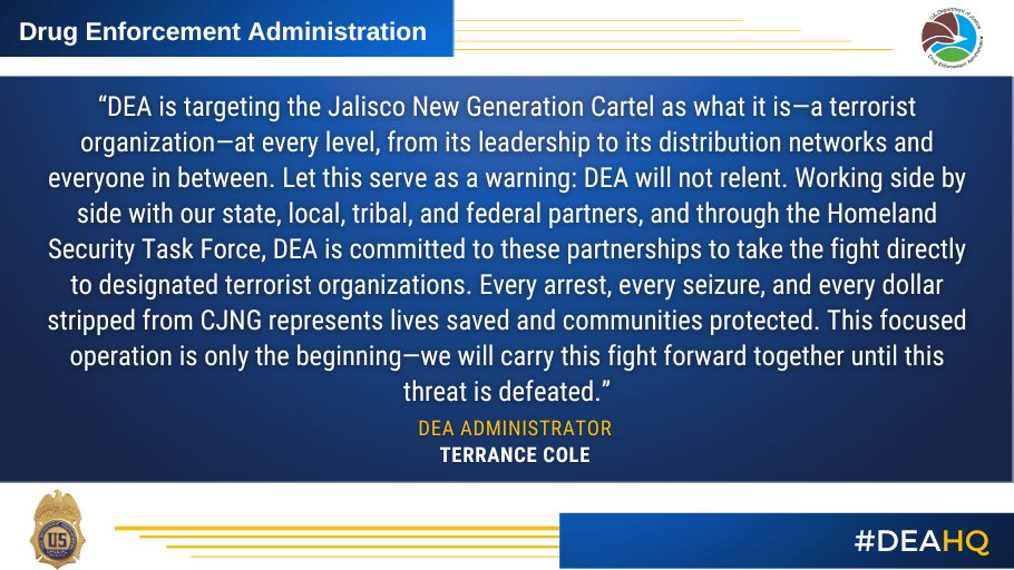 DEAHQ's tweet image. #DEA Targets CJNG Operations, Seizing a Million Counterfeit Pills and 77,000 Kilograms of their Drugs in Five Days

Learn more:
dea.gov/press-releases…