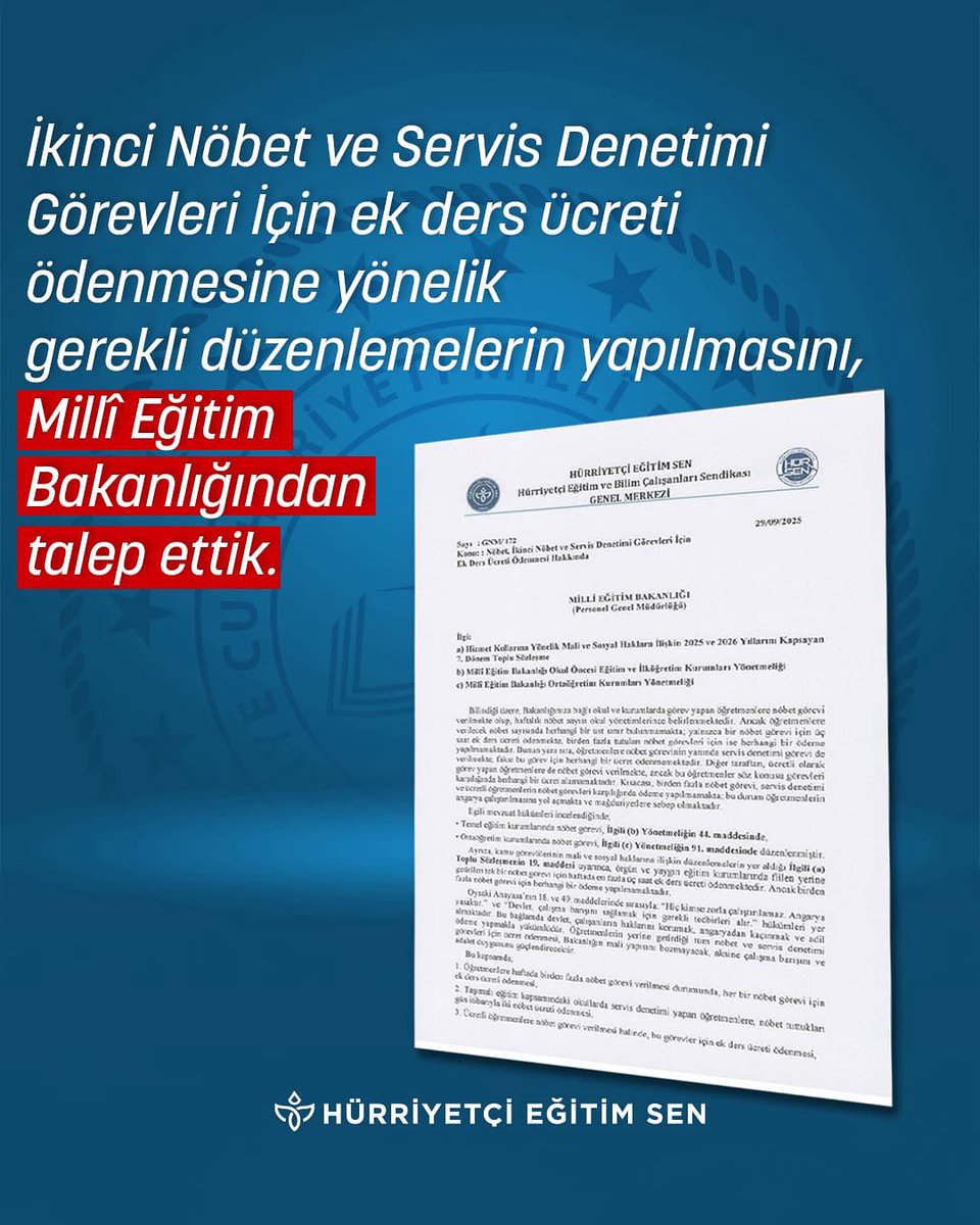 1. Öğretmenlere haftada birden fazla nöbet görevi verilmesi durumunda, her bir nöbet görevi için ek ders ücreti ödenmesi,
2. Taşımalı eğitim kapsamındaki okullarda servis denetimi yapan öğretmenlere, nöbet tuttukları gün itibarıyla iki nöbet ücreti ödenmesi,
3. Ücretli