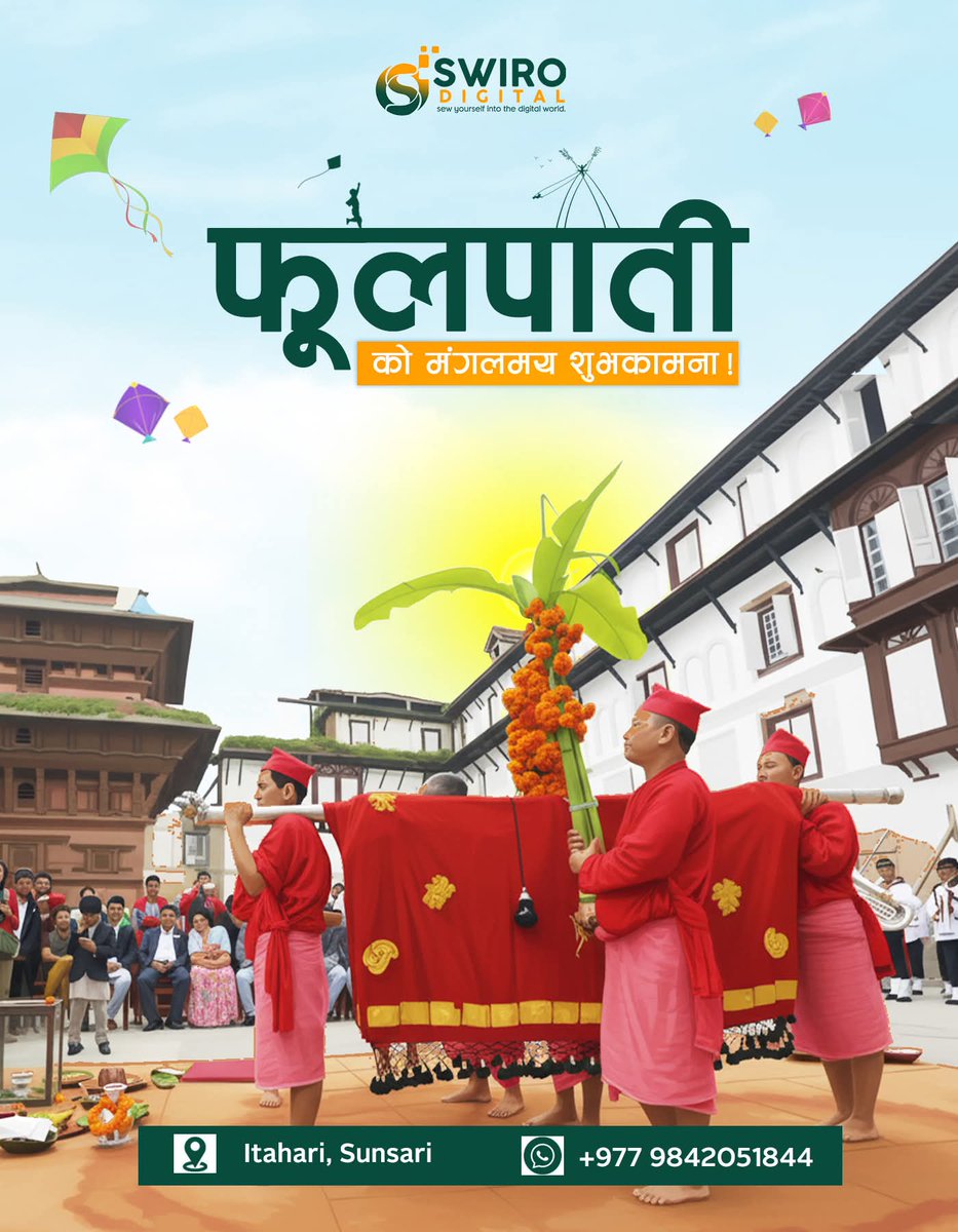 SwiroDigital's tweet photo. On the 7th day of Dashain, Fulpati arrives with divine energy and vibrant blessings! 🌿🎉
May your life bloom like the sacred leaves and your dreams soar like the kites in the sky.
Swiro Digital wishes you a tech-filled, tradition-rich Dashain!
 #Dashain2025 #SwiroDigital #Nepali https://t.co/IT44SbDmmy