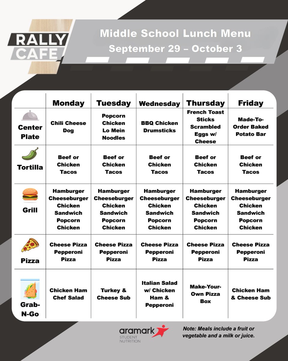 Check out what’s on the menu this week! Remember, each meal includes a choice of fruit or vegetable and a milk or juice.

Want to keep seeing weekly menus? Give us a like so we know to keep sharing!

#SchoolLunch #HealthyMeals #NorthwestISD