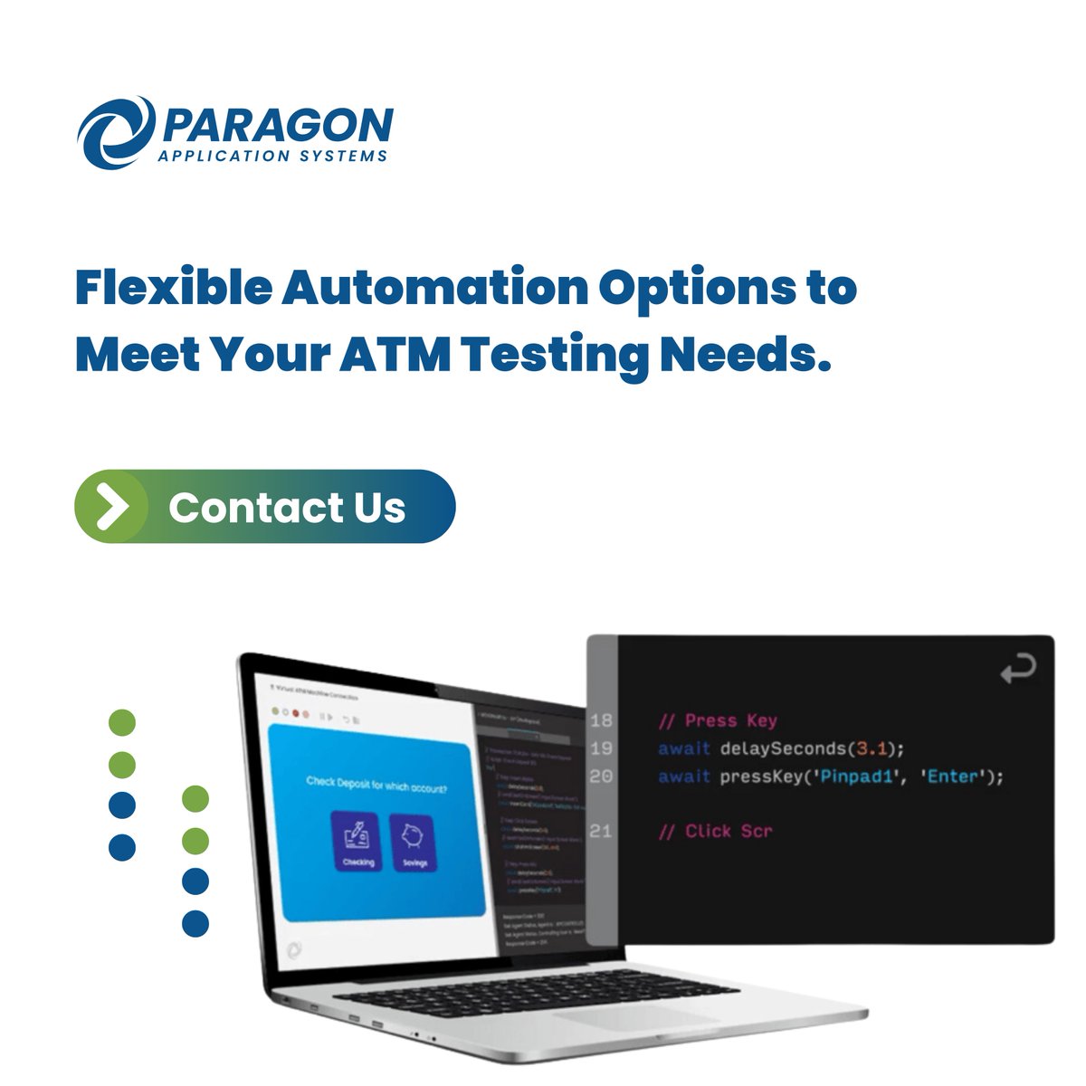 ParagonEdge's tweet image. Manual ATM testing processes slowing you down? You need the flexible automation options of Paragon VirtualATM to simplify, streamline, and speed up your ATM testing operations.

Let&apos;s talk testing: hubs.li/Q03Lj5S40

#testingautomation #DevOps #ATMsoftware #fastertesting