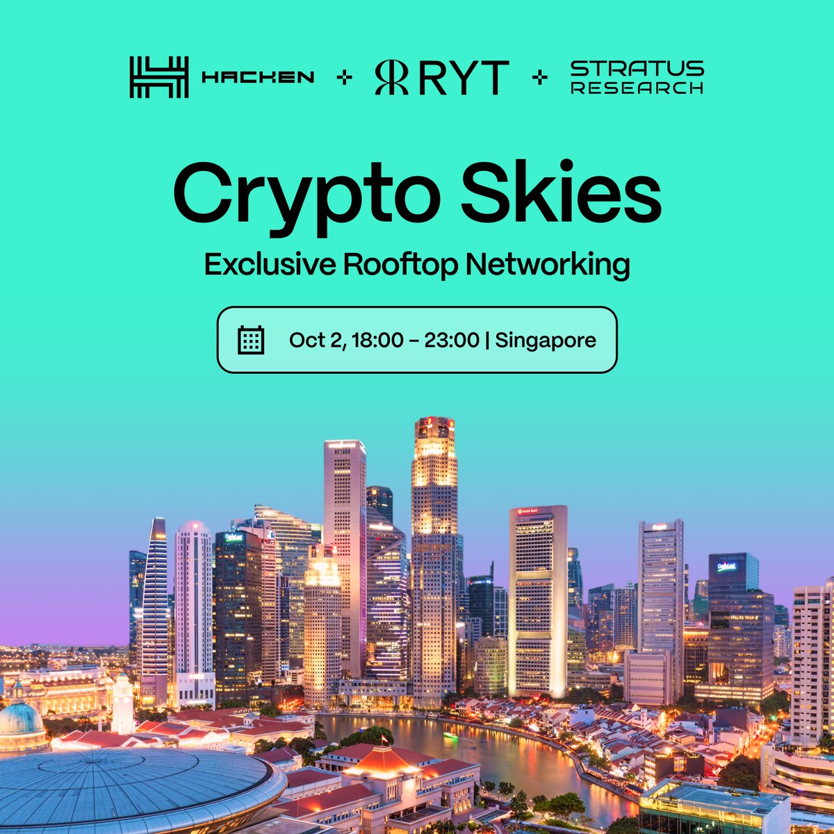 Wrap up <a href="/token2049/">TOKEN2049</a> at our rooftop side event 🌇

Presented with <a href="/RYTchain/">RYT Chain</a> &amp; <a href="/stratusdotone/">Stratus</a>, featuring: VC/founder networking, live DJ set, and signature drinks &amp; bites. The perfect closing chapter.

Limited spots available – register now! 👉 hackenio.cc/crypto-skies-t…