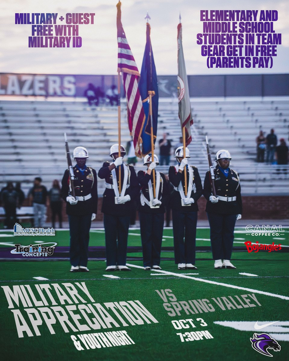 This Friday Night at <a href="/rvhs/">Ridge View High School: A Med Pro Magnet</a> it is 🇺🇸 Military Appreciation Night &amp; 🙌 Youth Night!

🎖 Military members with ID ➡️ FREE admission + 1 guest
👕 Elementary &amp; MS students in team gear  ➡️ FREE admission (must be with a parent/guardian) - Parents/Guardians ➡️ Regular admission