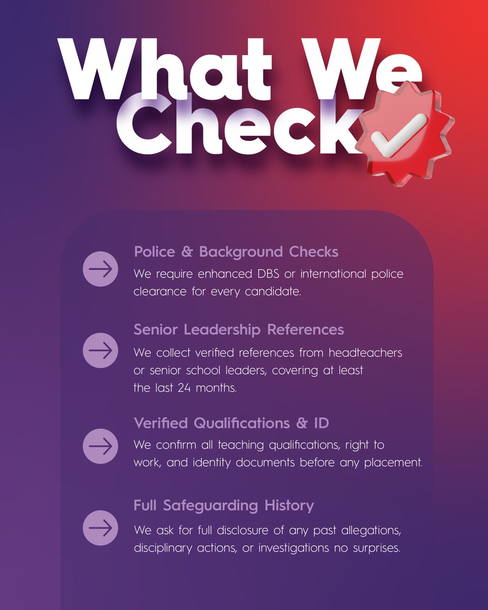 Worldwide_Teach's tweet photo. We Vet So You Don't Stress.

The safety and quality of your staff are non-negotiable. Our rigorous 4-Point Candidate Check ensures you get proven, high-quality professionals, without the risk:

When it comes to education recruitment, there are #NoSurprises. https://t.co/v1Hpn88hHN