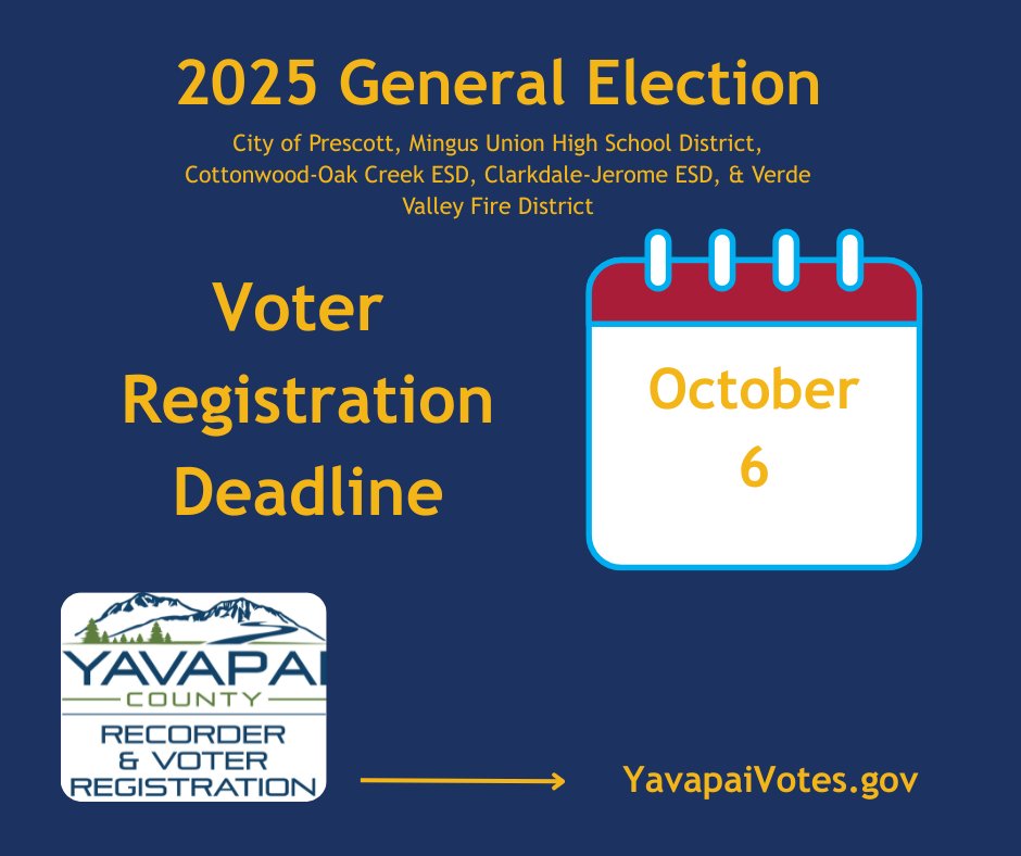 YavapaiRecorder's tweet image. Did you know Arizona has a voter registration deadline? Make sure you are registered by Monday, October 6th if you are eligible for the upcoming November Elections! Have questions? Call Voter Registration at 928-771-3248 ext. 9.
Email: voter.registration@yavapaiaz.gov