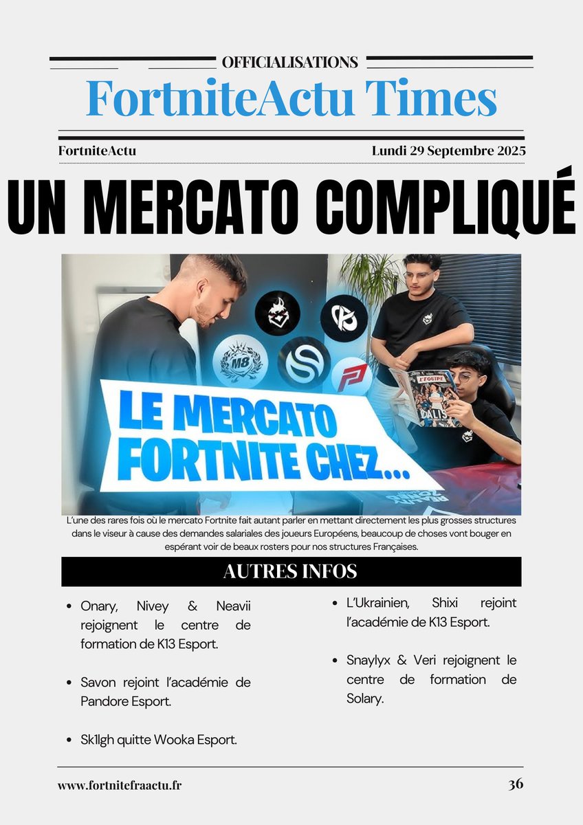 OFFICIALISATIONS ! 🏆

<a href="/OnaryFN/">K13 Onary</a>, <a href="/Niveyftn/">K13 Nivey</a> &amp; <a href="/neavii11/">K13 Neavii</a> rejoignent <a href="/K13esport/">K13 Esport</a> 🖤

<a href="/Savon766/">Savon766</a> rejoint <a href="/Pandore_esport/">Pandore</a> 💛

<a href="/snaylyx_/">Snaylyx</a> &amp; <a href="/VeriFNBR/">Veri</a> rejoignent <a href="/SolaryTV/">Solary 🇨🇳</a> 💙

<a href="/shixzi/">K13 shixi</a> 🇺🇦 rejoint <a href="/K13esport/">K13 Esport</a> 

<a href="/Sk1lghfn/">SK1LGH</a> quitte <a href="/WookaEsport/">Wooka Esport</a> 💜