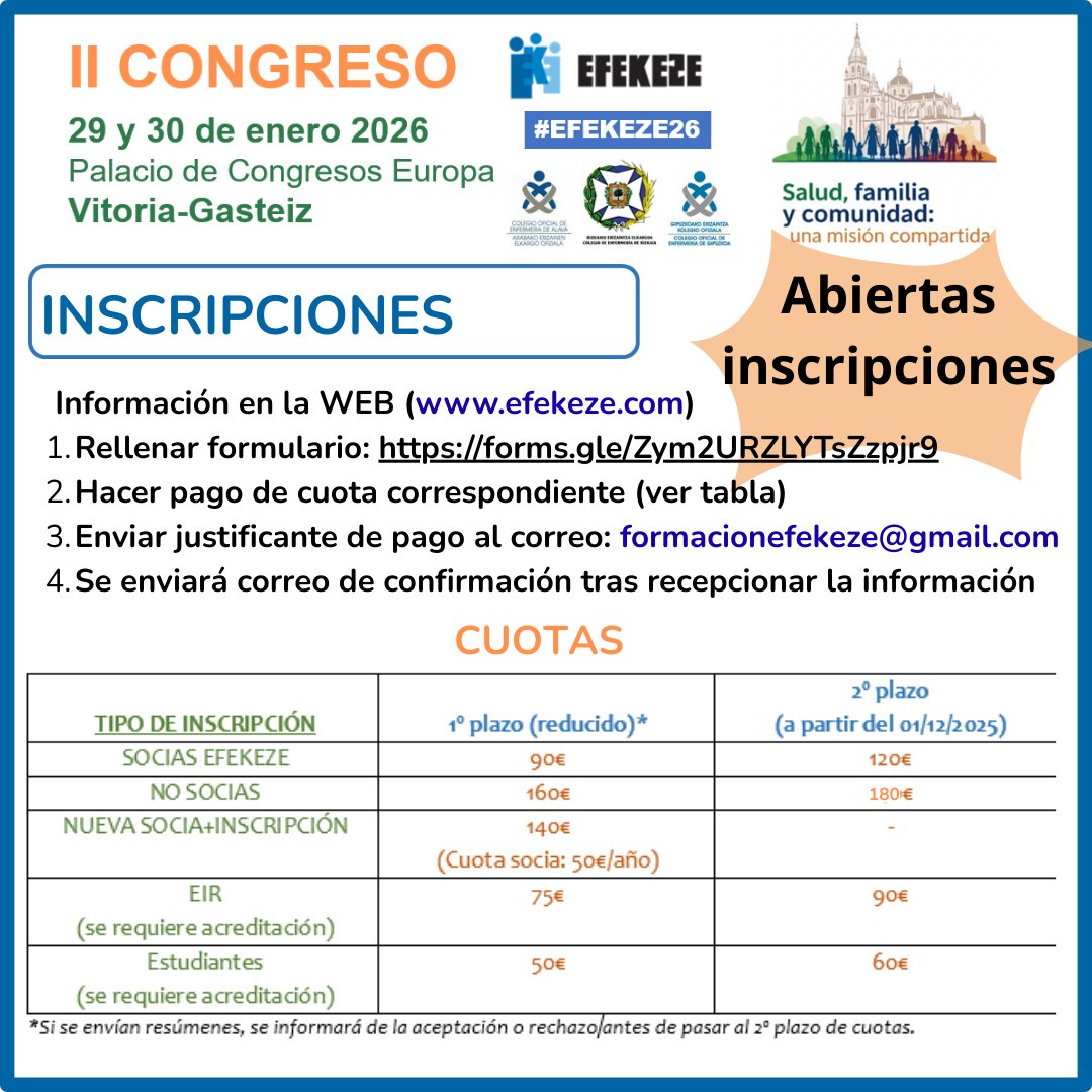 Abiertas inscripciones a #efekeze26 ❗❗❗

📝Pasos para inscripción:
👉Rellenar formulario:  forms.gle/Zym2URZLYTsZzp…
👉Pagar cuota
👉Enviar justificante de pago al correo: formacionefekeze@gmail.com
👉Se enviará correo de confirmación 

#atencionprimaria