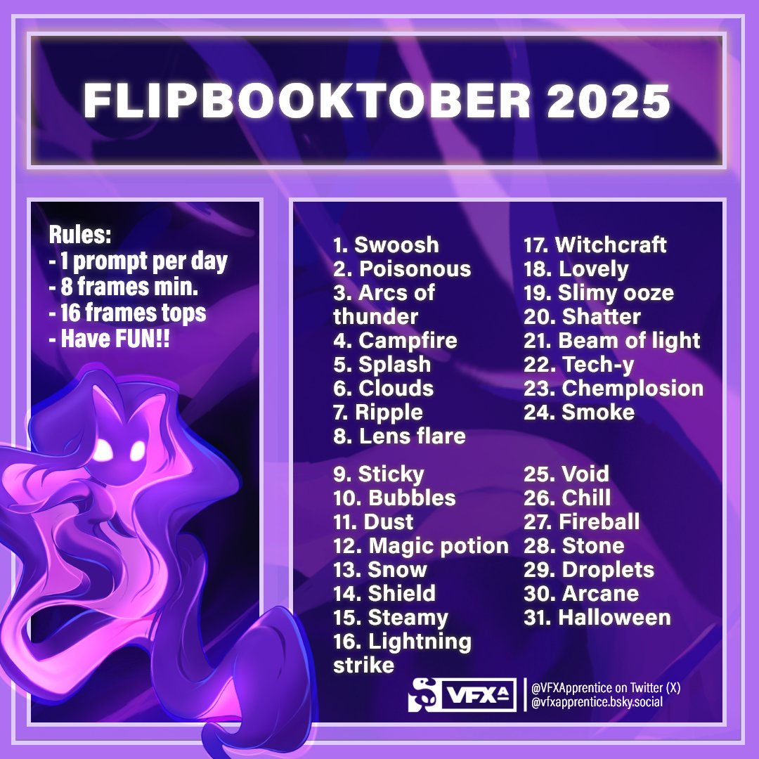 VFXApprentice's tweet image. Join this year’s #flipbooktober2025 challenge at VFX Apprentice 💜
Our yearly tradition continues: bring the suggested topics to life your way alongside like-minded, talented community members! 🤝

discord.com/channels/72794…

#framebyframe #vfx #rtvfx