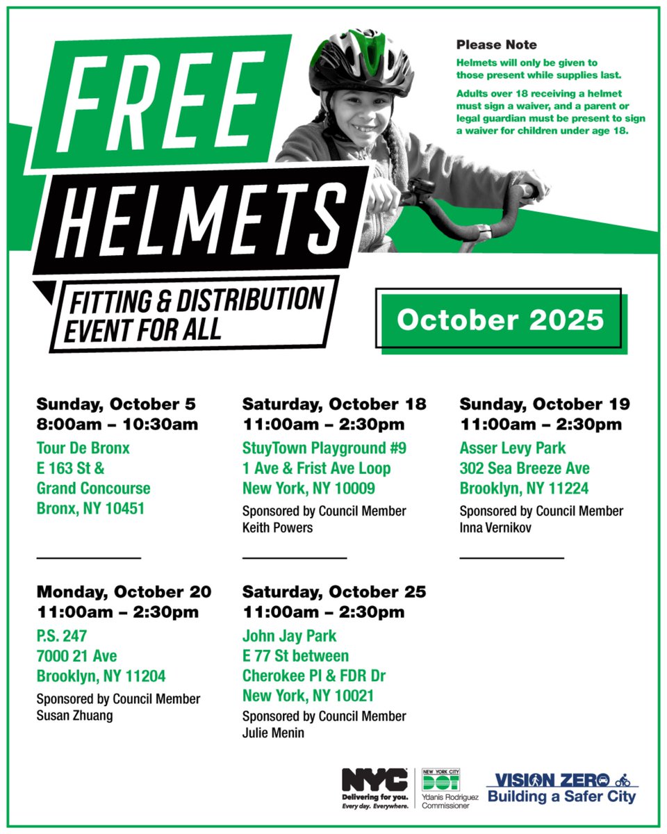 Are you ready for #Biketober?🚴‍♀️

Join us at our free helmet fitting and distribution events across NYC this October. Ride safe, smart and protected!

Check out a list of upcoming events: nyc.gov/biketober