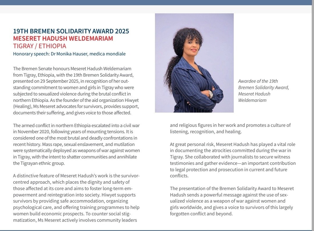 Meseret Hadush, defamed by TPLF loyalists for exposing truth, now stands honored with the Bremen Solidarity Award — the same award given to Nelson Mandela in 1988.
When courage meets injustice, history remembers the brave, not the loud. Her work speaks louder than slander.