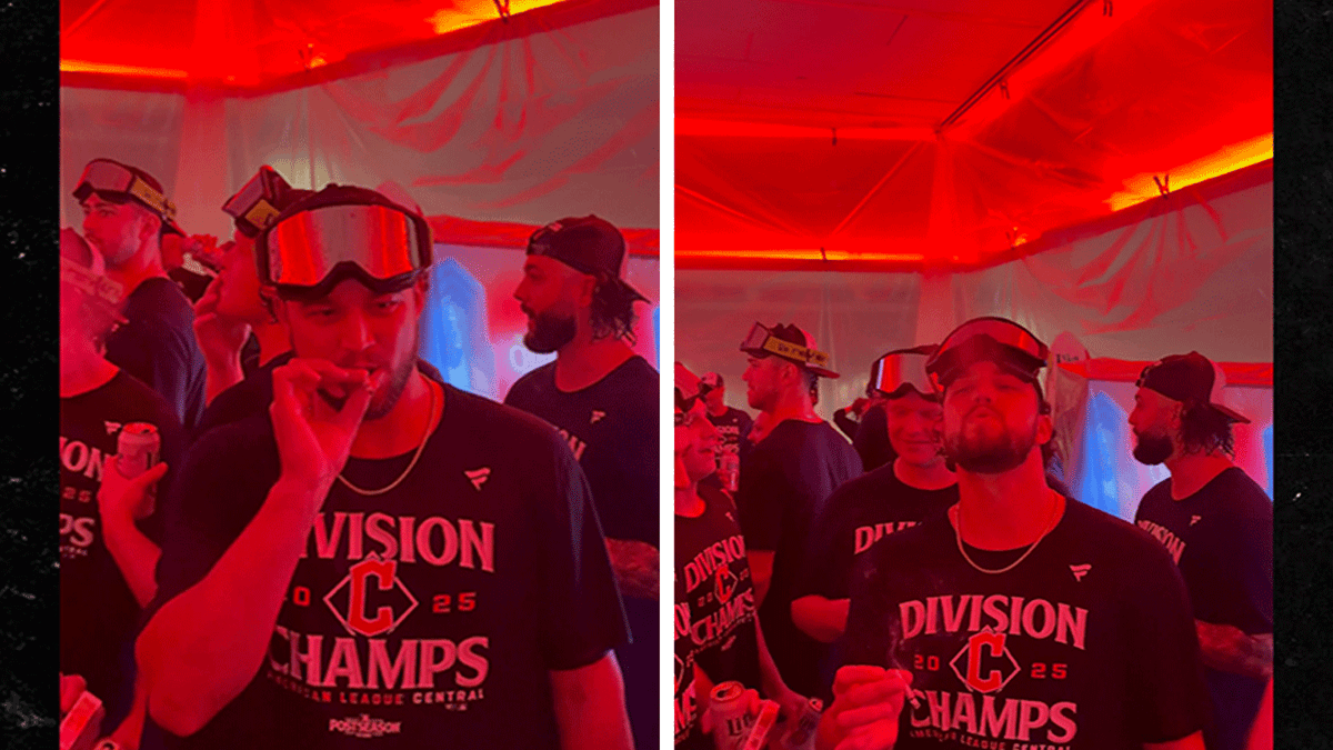TMZ's tweet photo. Cleveland Guardians smoke cigarettes in their locker room to celebrate division title... 🔗 https://t.co/wPzISVKu0C https://t.co/blPqaZ8CnH