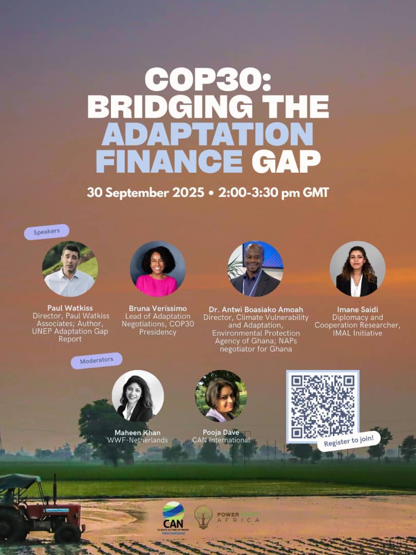 Dr Jibril S. Owomugisha (@dr_jibcares) on Twitter photo Webinar on Tuesday!
What would a COP30 win on adaptation finance look like? Can governments finally deliver?
📅 Tuesday 30 September 2025
⏰ 14:00-15:30 GMT
📌 Register here: lnkd.in/ey67uQAe
Co-hosted by <a href="/CANIntl/">Climate Action Network International (CAN)</a> and <a href="/PowerShftAfrica/">Power Shift Africa</a> Webinar on Tuesday!
What would a COP30 win on adaptation finance look like? Can governments finally deliver?
📅 Tuesday 30 September 2025
⏰ 14:00-15:30 GMT
📌 Register here: lnkd.in/ey67uQAe
Co-hosted by <a href="/CANIntl/">Climate Action Network International (CAN)</a> and <a href="/PowerShftAfrica/">Power Shift Africa</a>