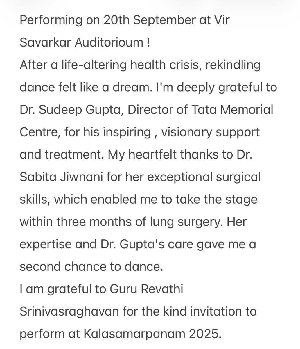 So heartening to see the incredible <a href="/ShubhadaVaradk1/">Shubhada Varadkar</a> back on the stage with yet another graceful performance! 
Just 3 months after a left upper lobectomy
She’s an inspiration not only for other patients but for us as well 🤩🫡
<a href="/TataMemorial/">Tata Memorial Hospital</a> 

instagram.com/reel/DPJp_03iJ…