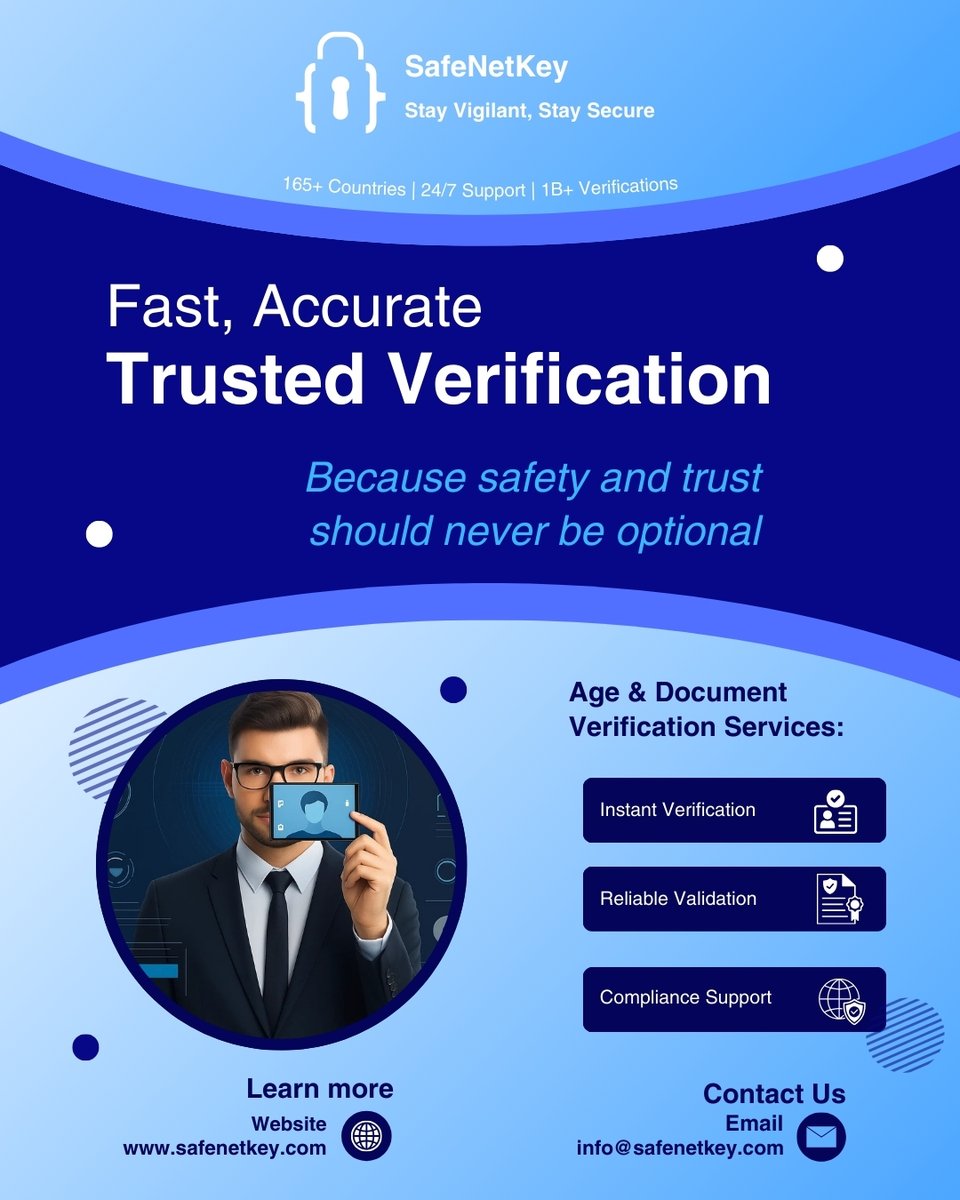 SafeNetKey's tweet image. Fast, Accurate, Trusted Verification.
Because safety &amp;amp; trust should never be optional.
SafeNetKey delivers age &amp;amp; document verification, compliance support, and 24/7 protection for businesses worldwide. 

#SafeNetKey #Verification #DigitalSecurity #KYC #AML
