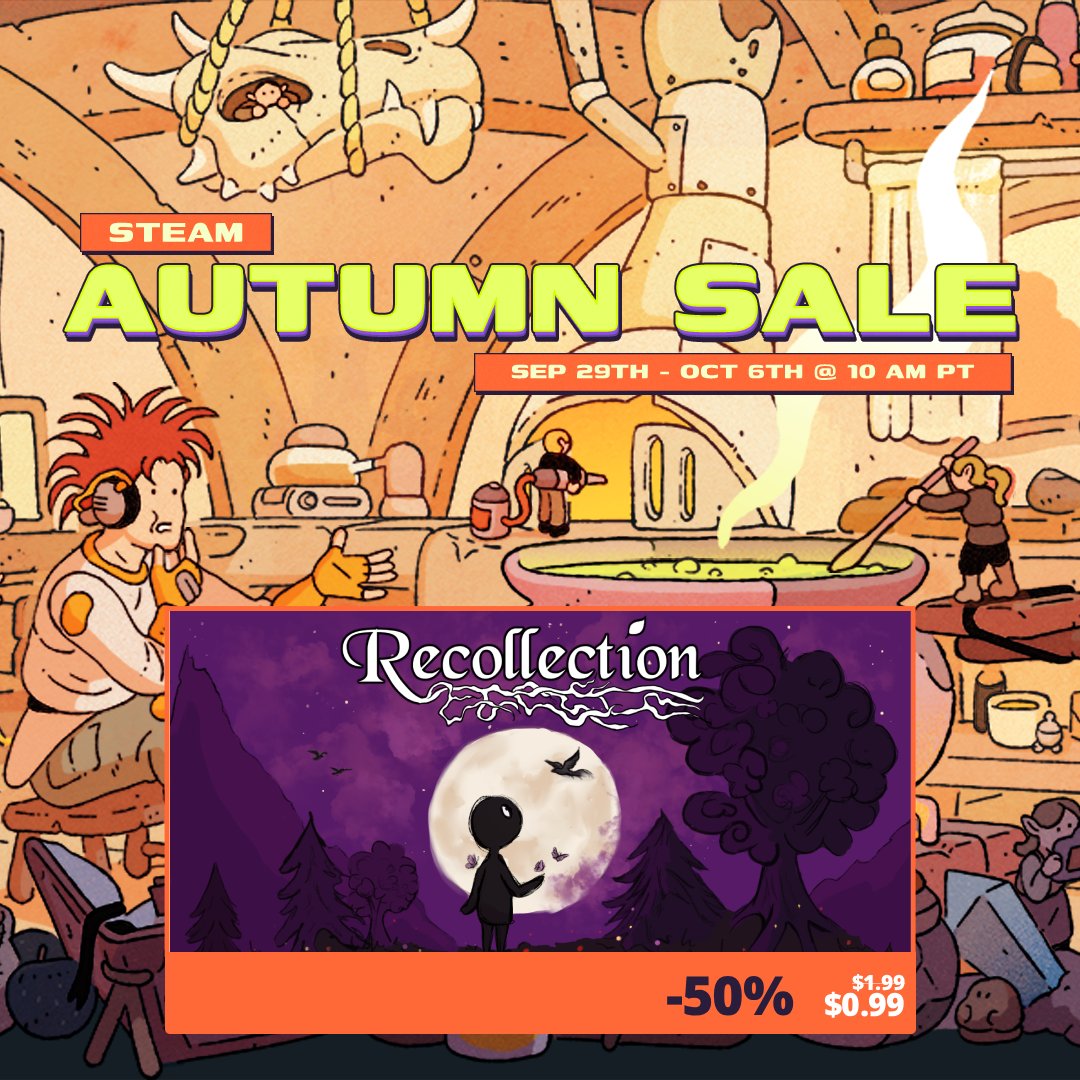 The #SteamAutumnSale has begun and you can get Recollection for just a single dollar / euro / your regional equivalent 💸
Trust me when I say that it's a perfect game for a cozy yet slightly melancholic autumn evening 😊
store.steampowered.com/app/1804610/Re…

#indiegame #indiegames