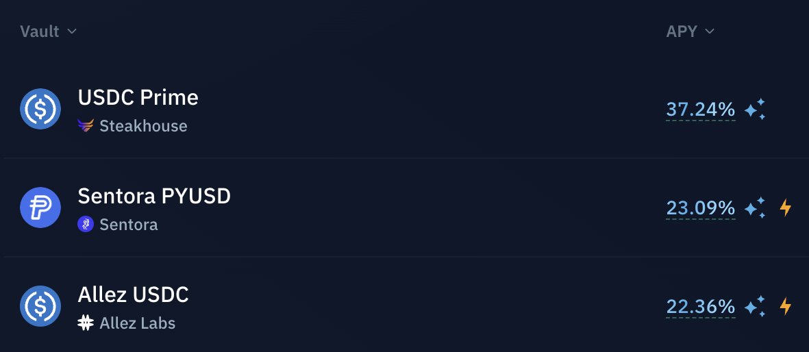 Kamino 金库截图，显示 USDC Prime、Sentora PYUSD 和 Allez USDC 的高 APY