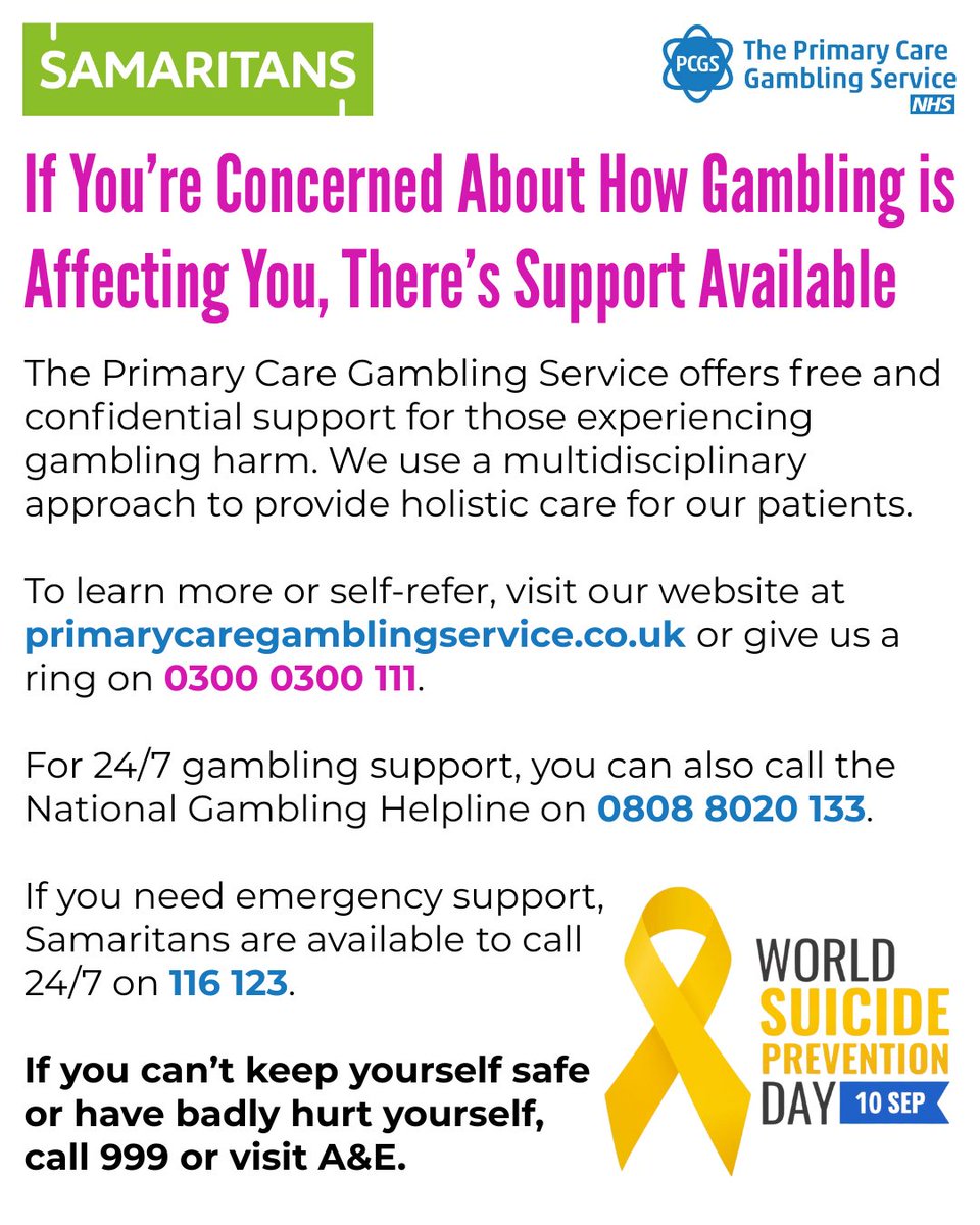 CW: Suicide

As Suicide Prevention Awareness Month wraps to a close we wanted to reflect on this advice from Samaritans about keeping yourself safe with feedback from those with lived experience.

If gambling is affecting your wellbeing, we offer free and confidential support 🤝