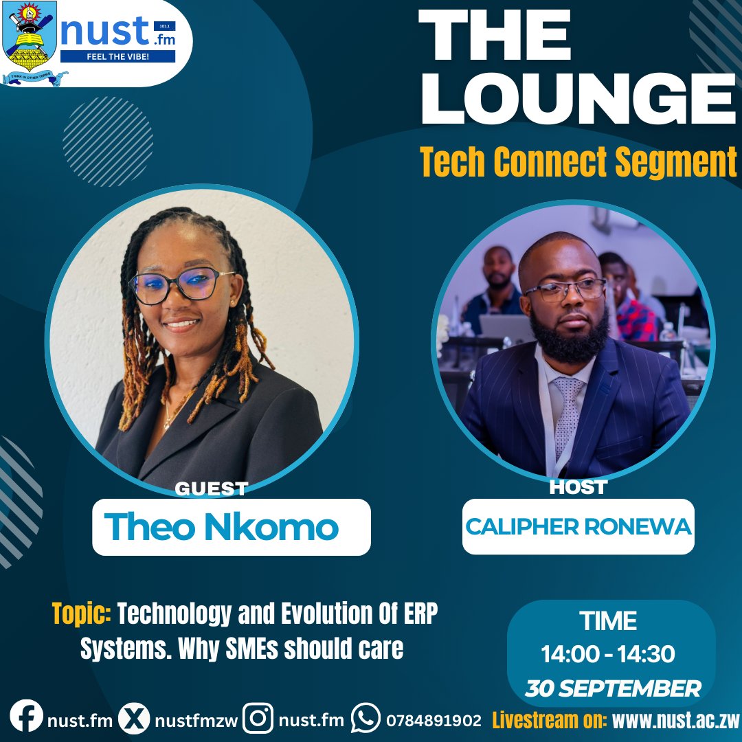 nustfmzw's tweet image. Tomorrow on our Tech &amp;amp; innovation Segment
@calipher91  will be in conversation with Theo  Nkomo on the Evolution of ERP Systems and their growing relevance for Small and Medium Enterprises.

30 September | 14:00 – 14:30
 Live on nust.ac.zw