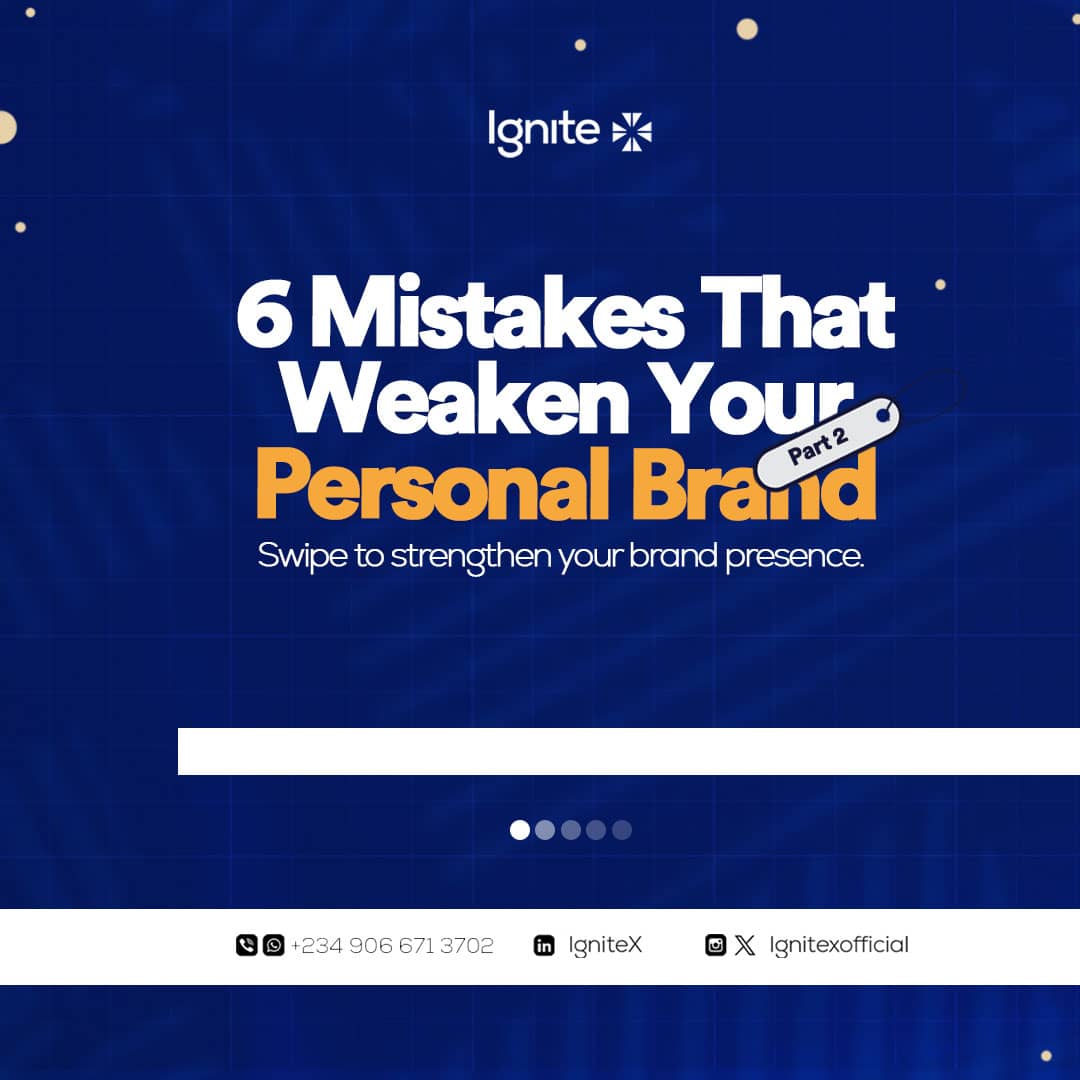 Ignitexofficial's tweet photo. Here’s Part 2 of the 6 branding mistakes that silently hold you back—even when you’re doing the work.
Your personal brand is your reputation capital, and avoiding these errors could be the game-changer.

Save &amp; share with someone building their brand!  
#IgniteX #PersonalBranding https://t.co/avV5OqEIoJ