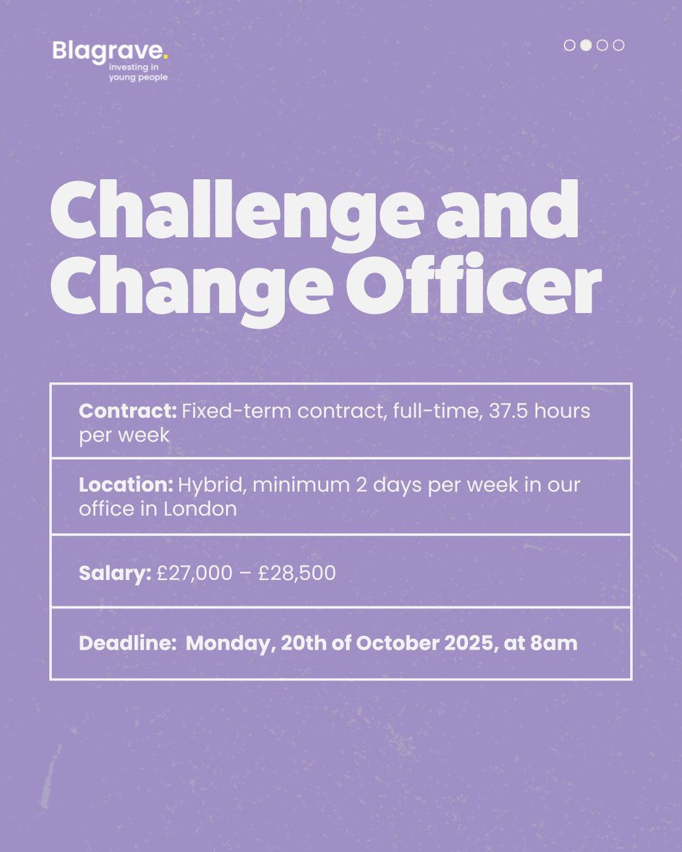 blagravetrust's tweet image. Young people are leading change. We’re looking for someone to join us in backing them!

Apply to be our Challenge and Change Officer! 🙌

➡️ For further info and to apply: blagravetrust.org/work-with-us/

#ChallengeAndChange #WereHiring #HiringNow #JobAlert #CareersInChange #LondonJobs