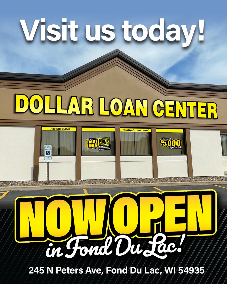 Wisconsin we have arrived! 🎉🎉The first ever Dollar Loan Center location is NOW OPEN in 📍Fond Du Lac! Short-term lending is about to get easier than ever before! 🤝